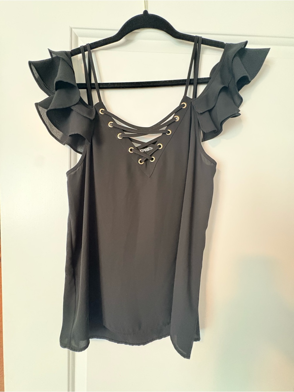 Express Black Ruffle Sleeve Sheer Lace-Up Tank Top